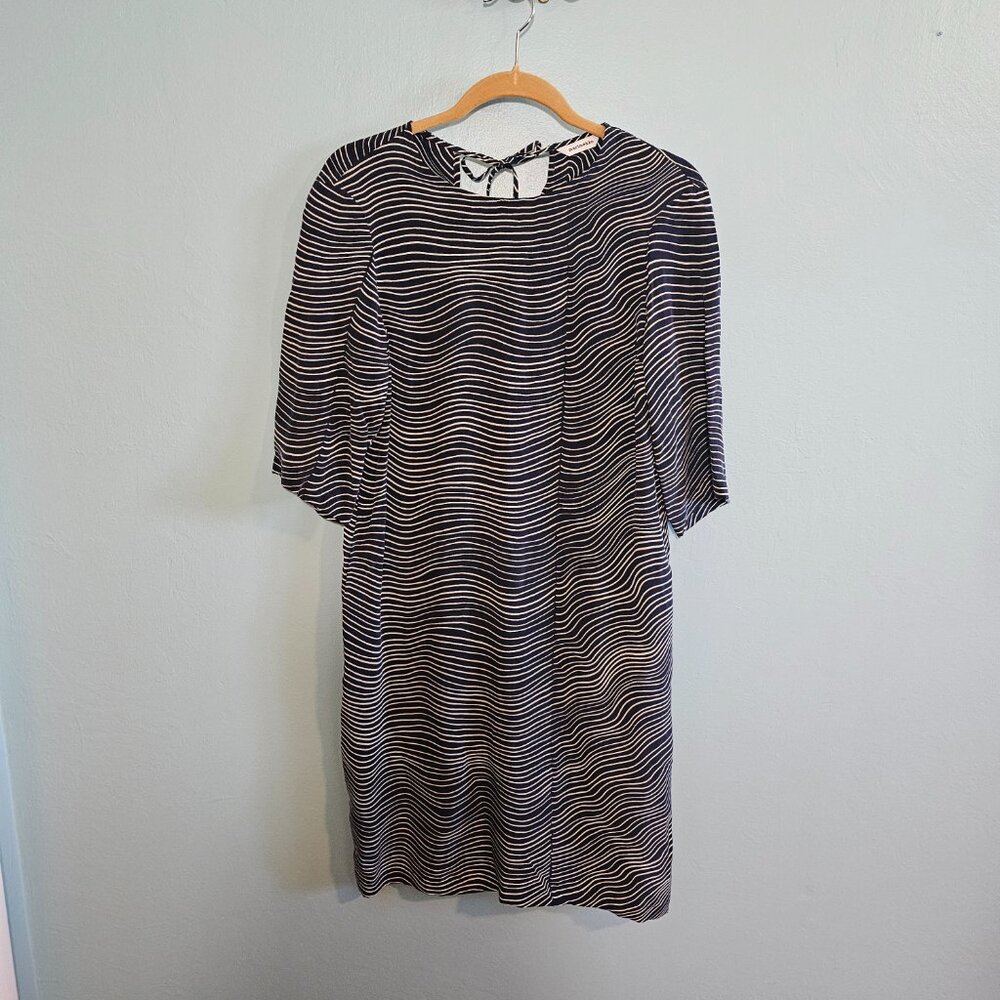 Vintage Marimekko Silk Tunic Dress — Navy & Tan Wave Stripe | Size 36 (EU)